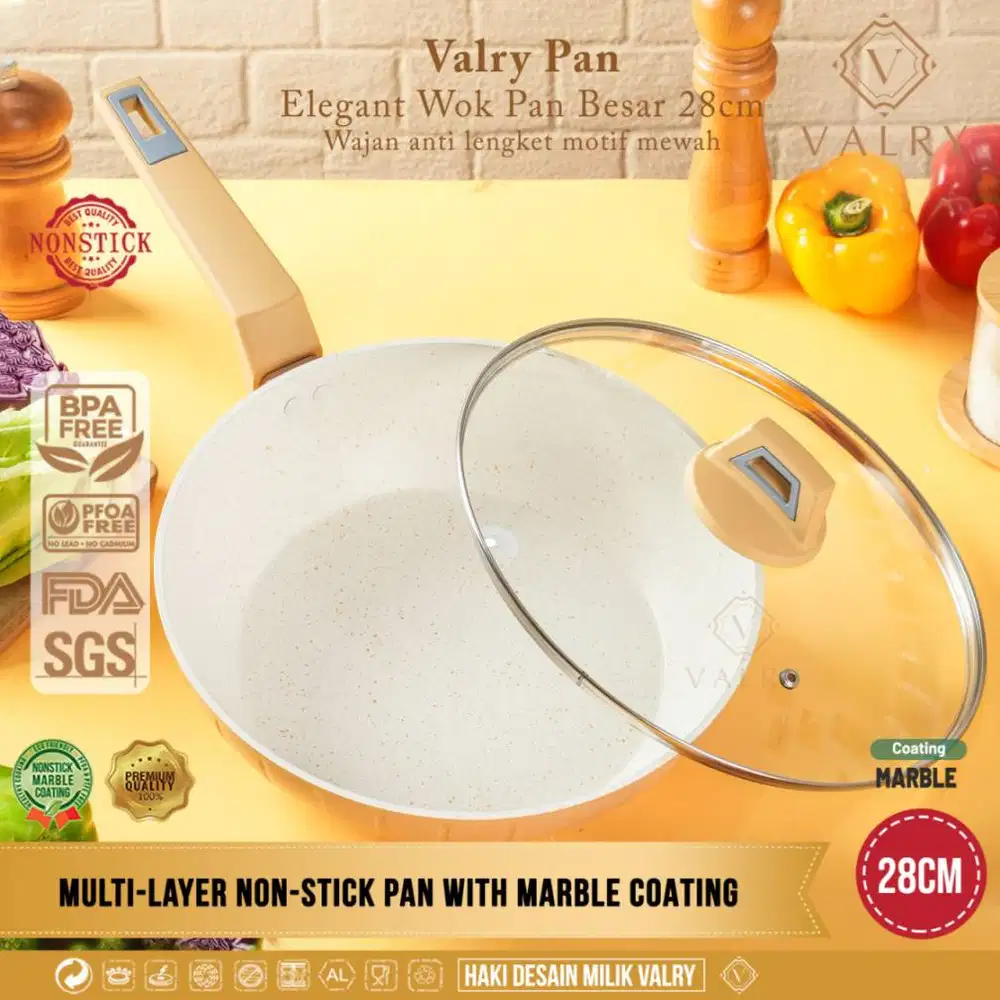 Wajan Wok Pan 28cm Anti Lengket White Marble Premium Valry Elegant Ori