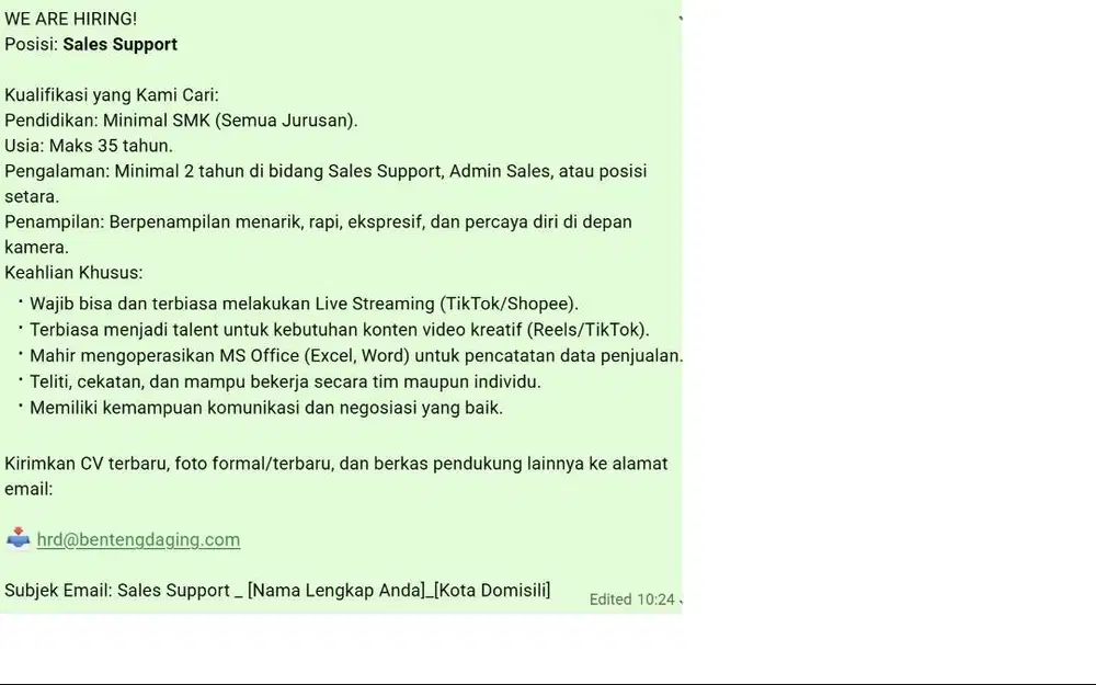 dicari posisi  Sales Support & Content Talent