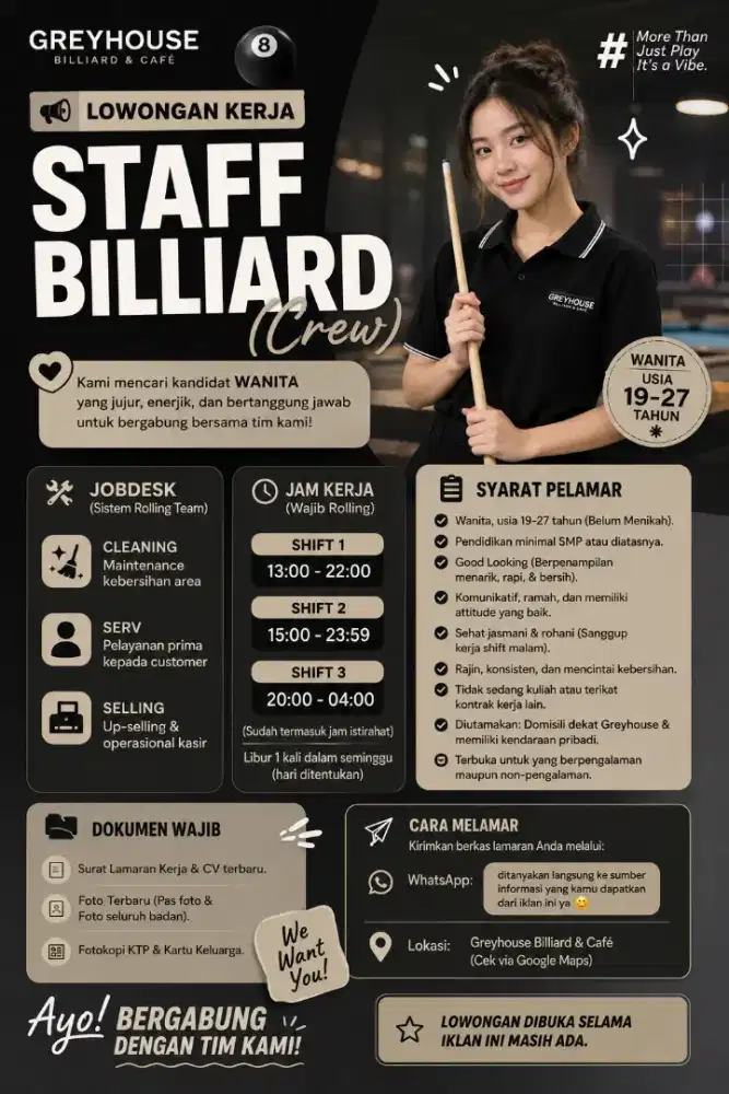 LOWONGAN KERJA WANITA CREW BILLIARD