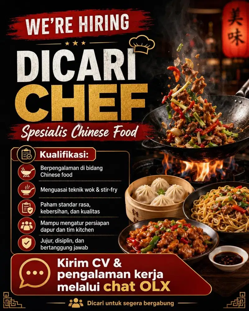 Lowongan Chef Chinese Food – Berpengalaman Wok & Stir Fry