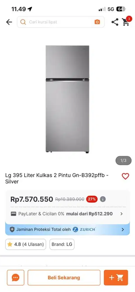 LG REFF 2DOOR GN-B392PFFB 395LTR SILVER