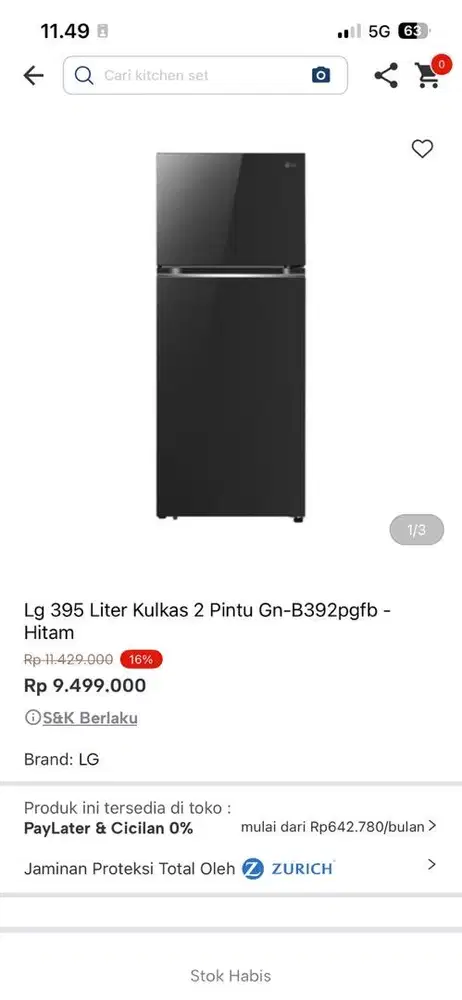 LG REFF 2DOOR GN-B392PGFB 395LTR BLACK