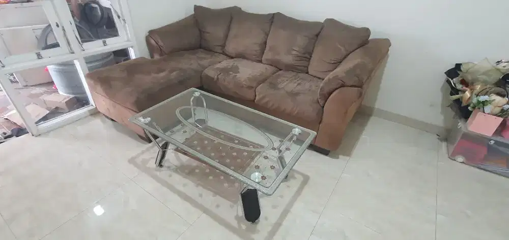 Sofa L Ashley + Meja Kaca Chandra Karya 1 Set | Minimalis Modern