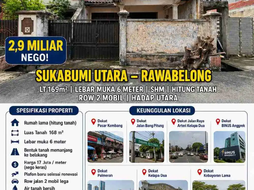 Jual cepat,masih nego! Rumah hitung tanah dekat pasar kembang rawabelong jakbar