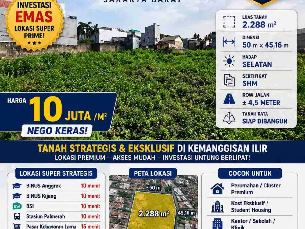 Jual cepat,masih nego! Tanah strategis hanya 10menit ke jlan s parman slipi! Tanah premium kemanggisan
