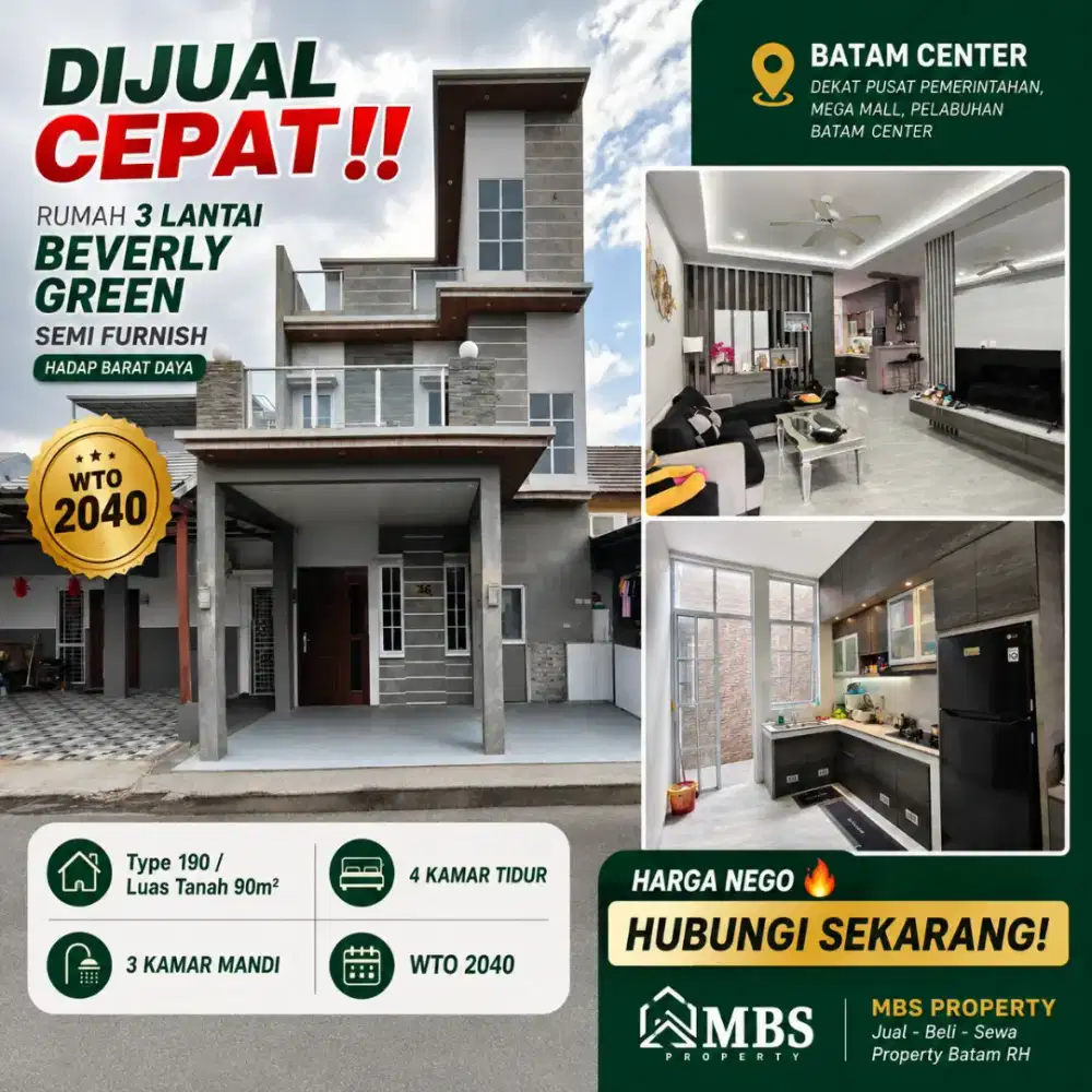Rumah 3Lantai Beverly Green, Semi Furnish Batam Center.
