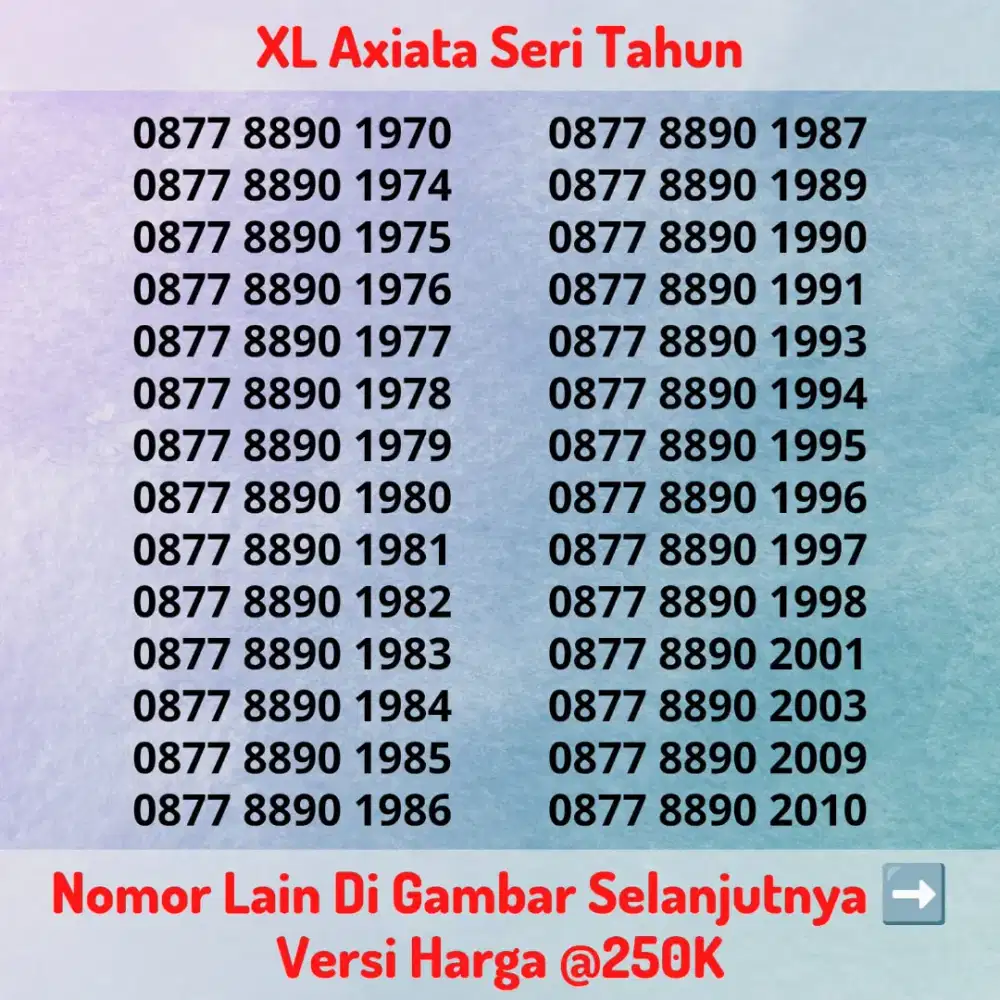Nomor Cantik Kartu Perdana XL Axiata Seri Tahun LENGKAP Versi @250K