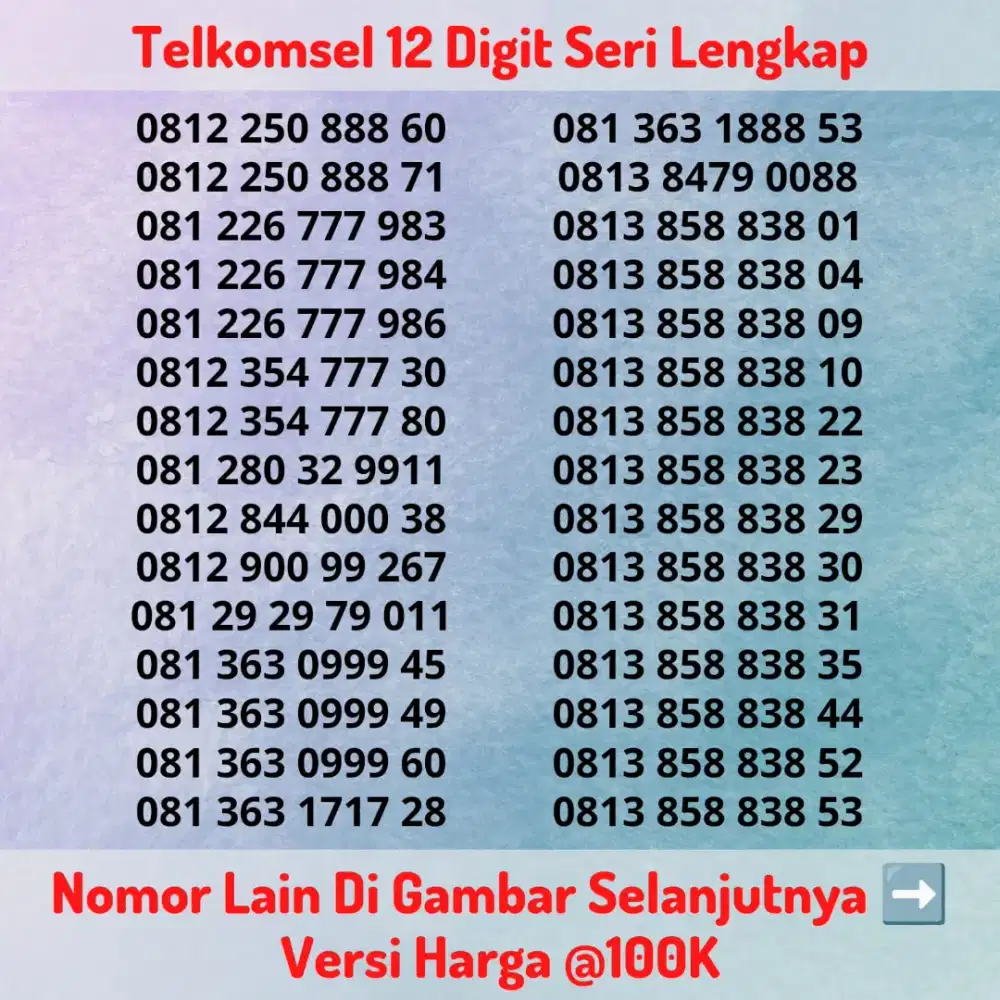 Nomor Cantik Kartu Perdana Telkomsel 12 Digit Seri LENGKAP @100K