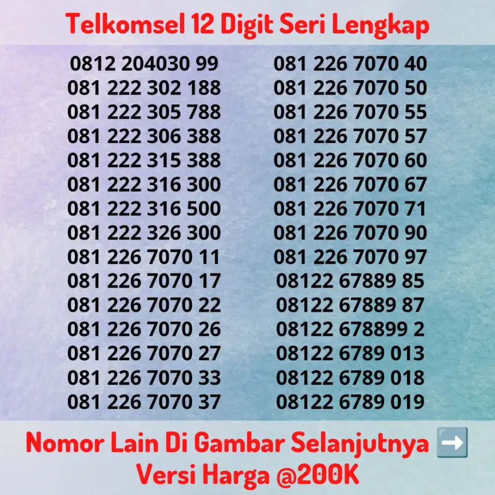 Nomor Cantik Kartu Perdana Telkomsel 12 Digit Seri LENGKAP @200K