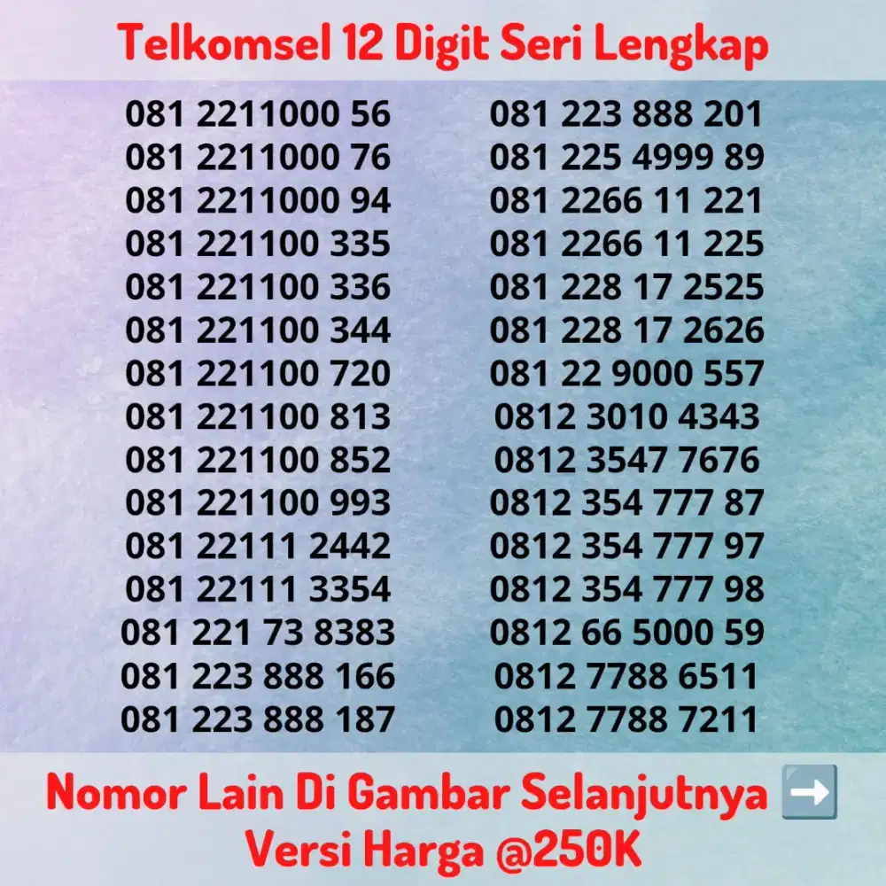 Nomor Cantik Kartu Perdana Telkomsel 12 Digit Seri LENGKAP @250K