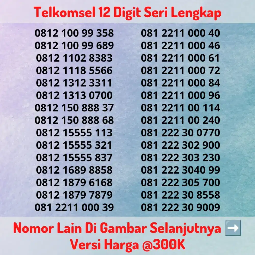 Nomor Cantik Kartu Perdana Telkomsel 12 Digit Seri LENGKAP @300K