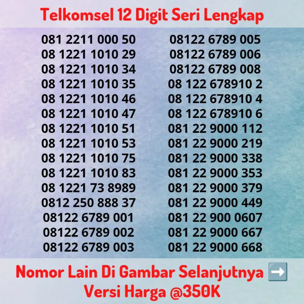 Nomor Cantik Kartu Perdana Telkomsel 12 Digit Seri LENGKAP @350K