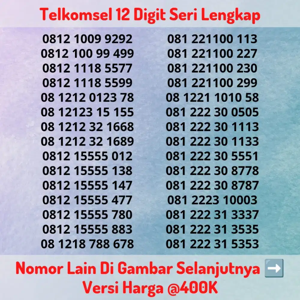 Nomor Cantik Kartu Perdana Telkomsel 12 Digit Seri LENGKAP @400K