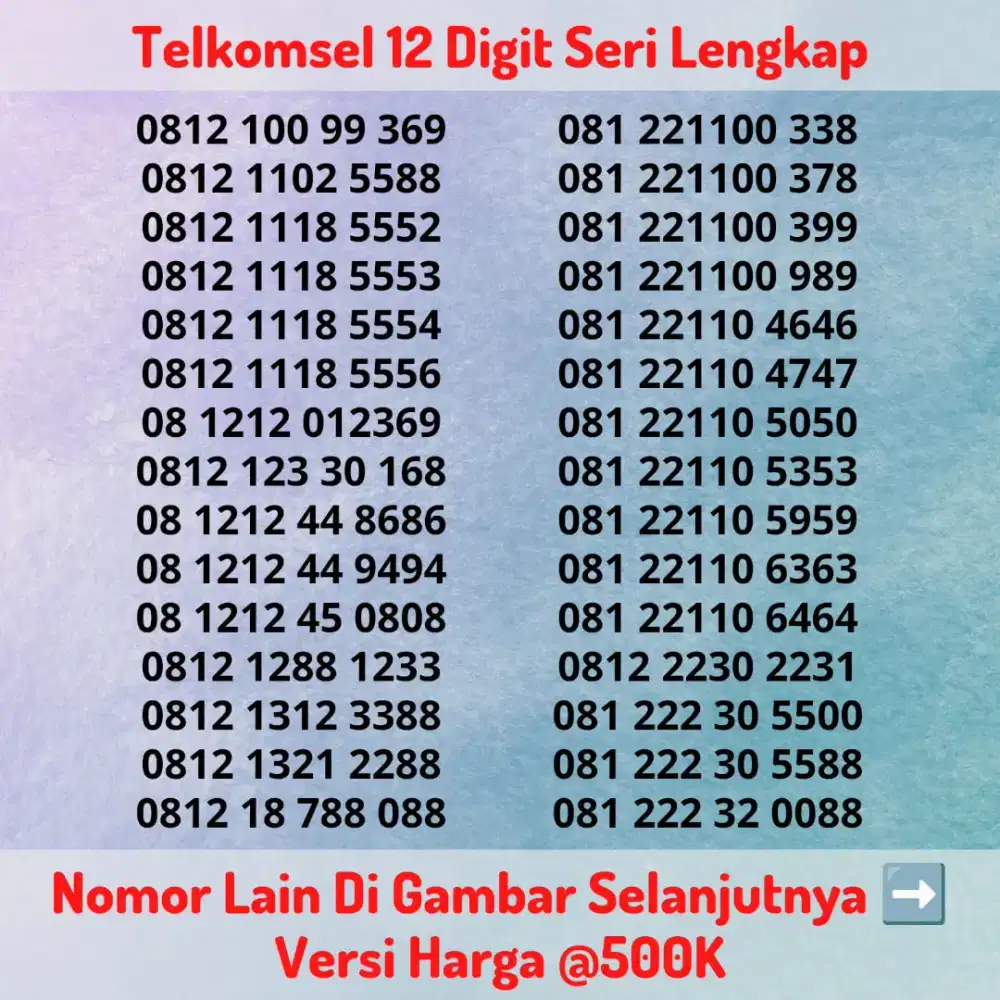 Nomor Cantik Kartu Perdana Telkomsel 12 Digit Seri LENGKAP @500K