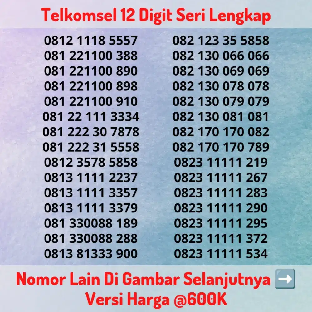 Nomor Cantik Kartu Perdana Telkomsel 12 Digit Seri LENGKAP @600K