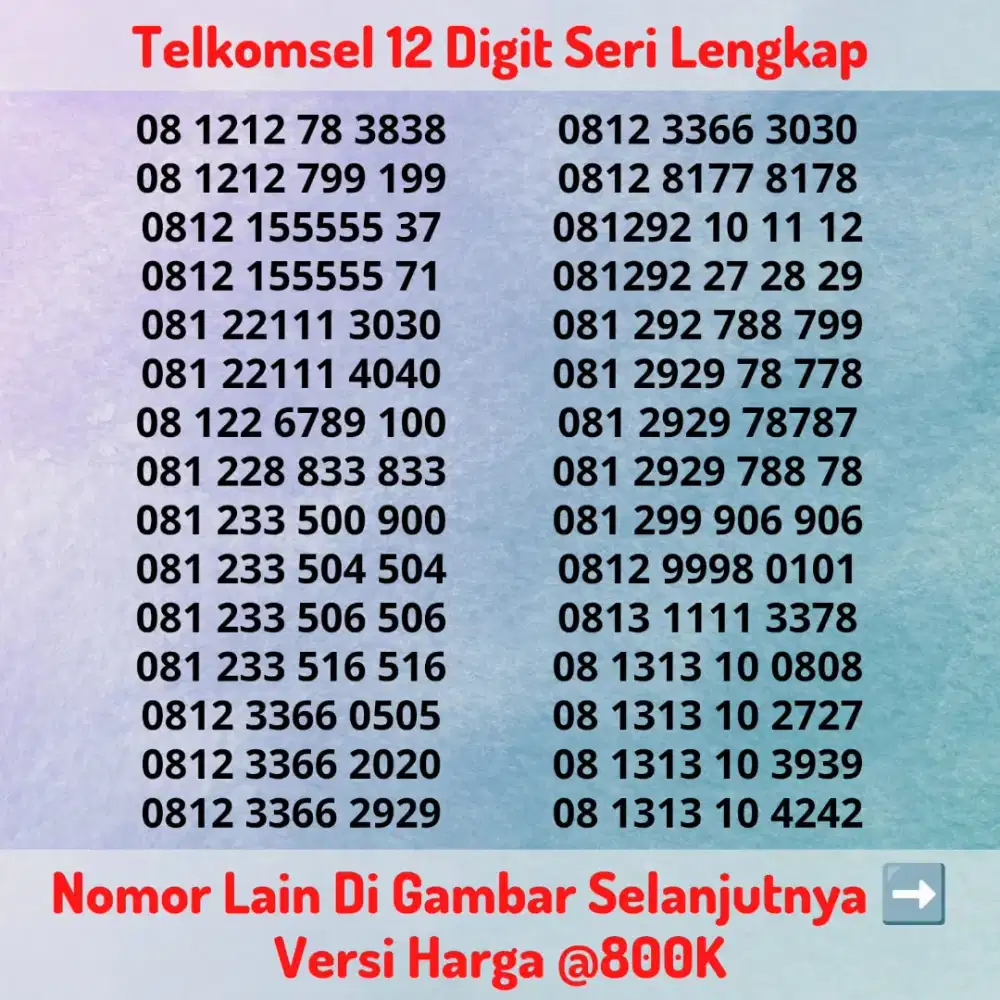 Nomor Cantik Kartu Perdana Telkomsel 12 Digit Seri LENGKAP @800K