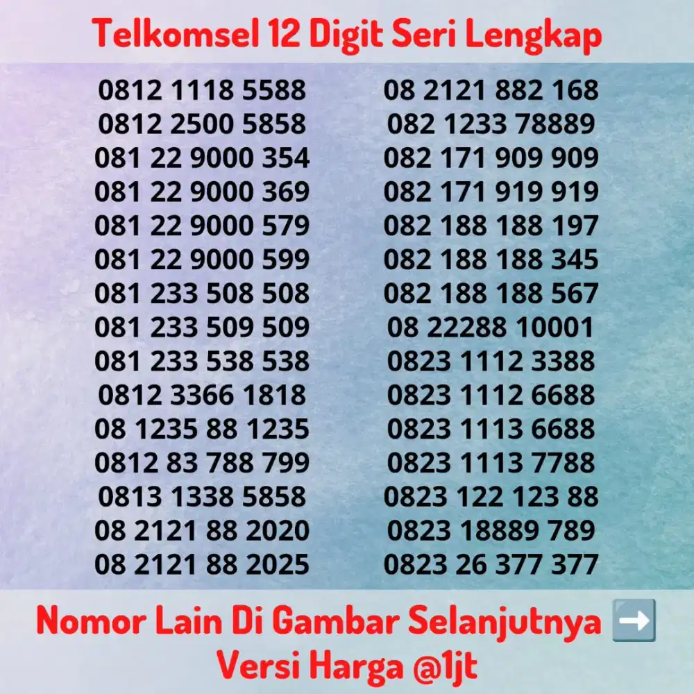 Nomor Cantik Super Kartu Perdana Telkomsel 12 Digit Seri LENGKAP @1jt