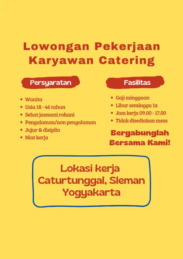 Lowongan Kerja Karyawan Catering Wanita Sleman Jogja