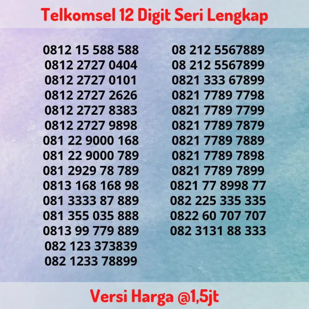 Nomor Cantik Kartu Perdana Telkomsel 12 Digit Seri LENGKAP @1,5jt