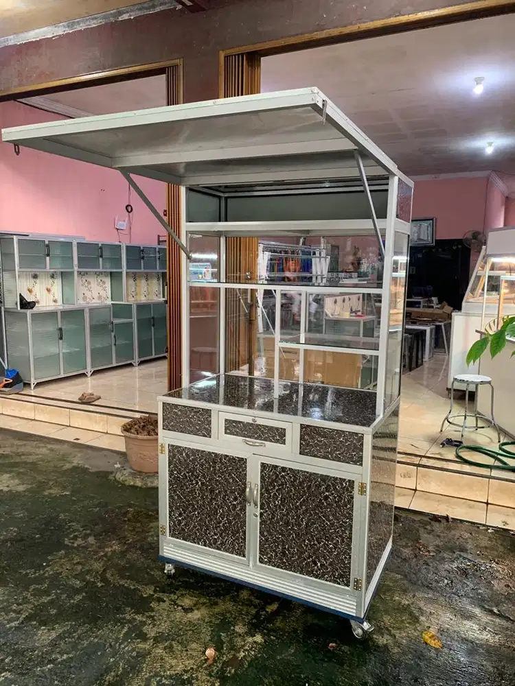 Etalase gerobak alumunium 100cm dengan atap / penutup ga jadi pakai