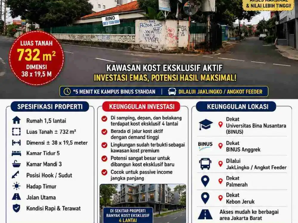 Jual cepat,masih nego! Rumah hitung tanah tepi jalan utama dekat binus syahdan jakarta barat