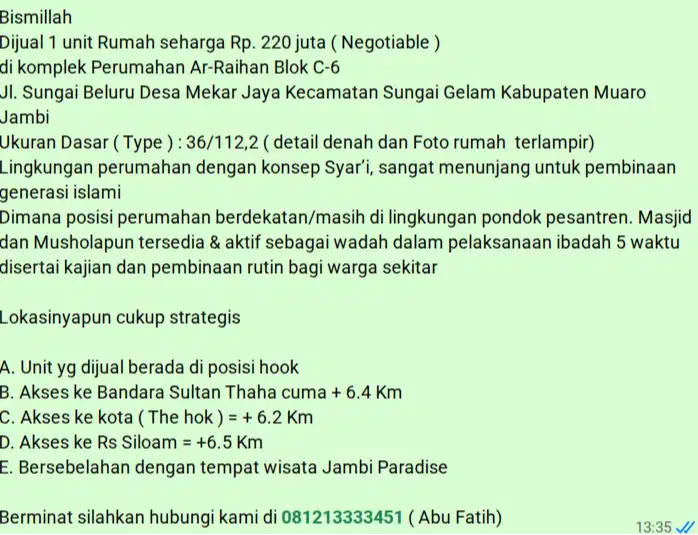 Dijual 1 Unit Perumahan Komplek ArRaihan Jambi