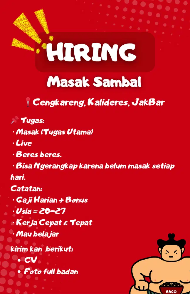 Lowongan Kerja Masak Sambel dan bantu yang lainnya (sesuai gambar)