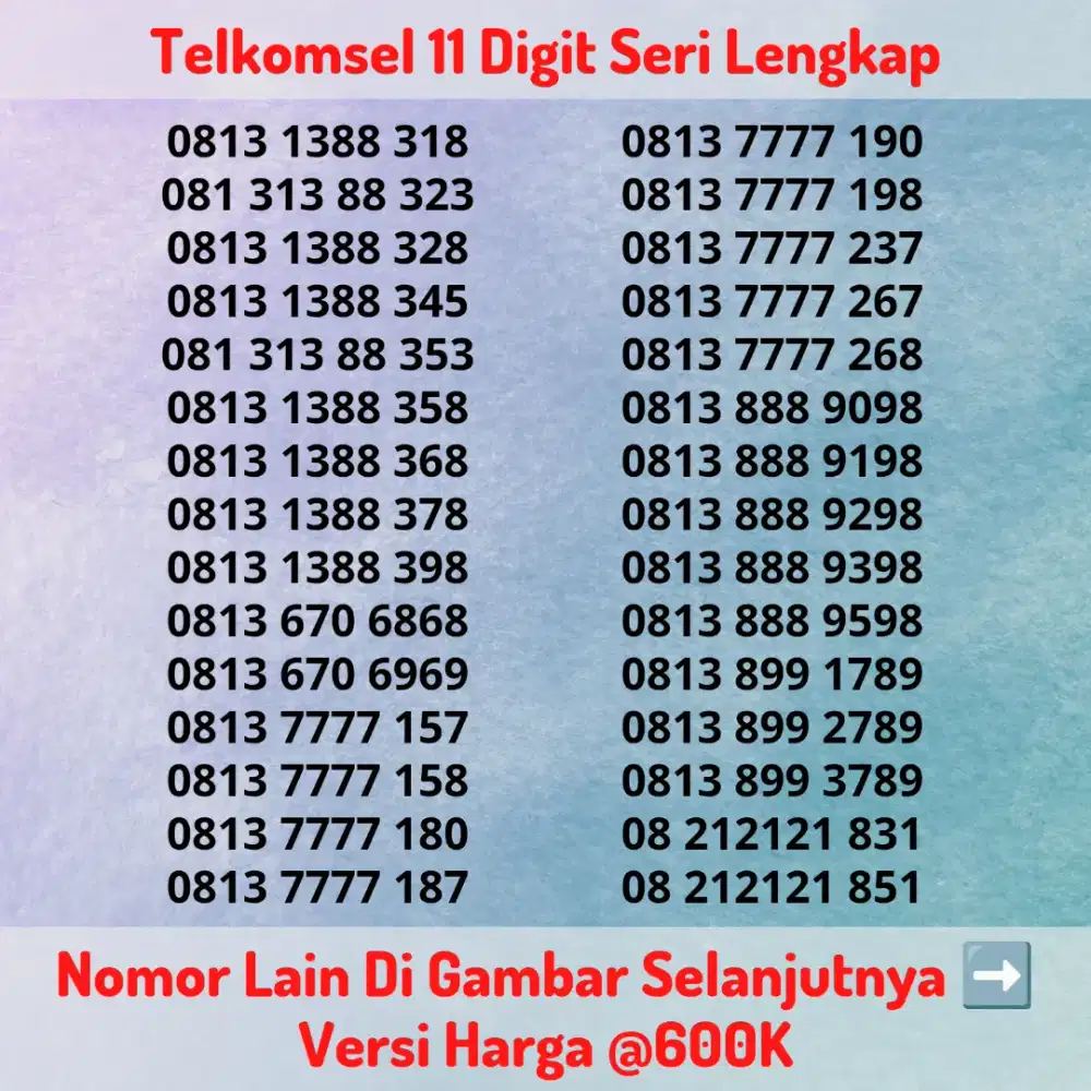 Nomor Cantik Kartu Perdana Telkomsel 11 Digit Seri LENGKAP Versi @600K