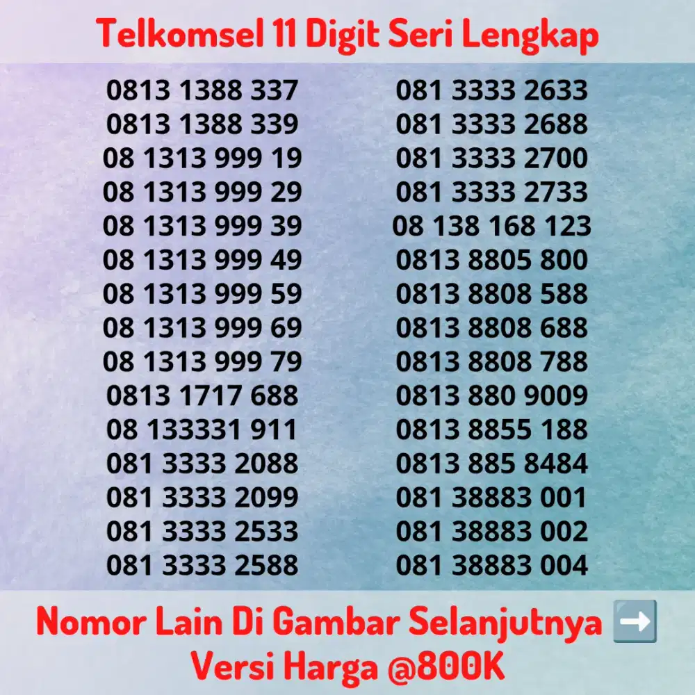 Nomor Cantik Kartu Perdana Telkomsel 11 Digit Seri LENGKAP Versi @800K