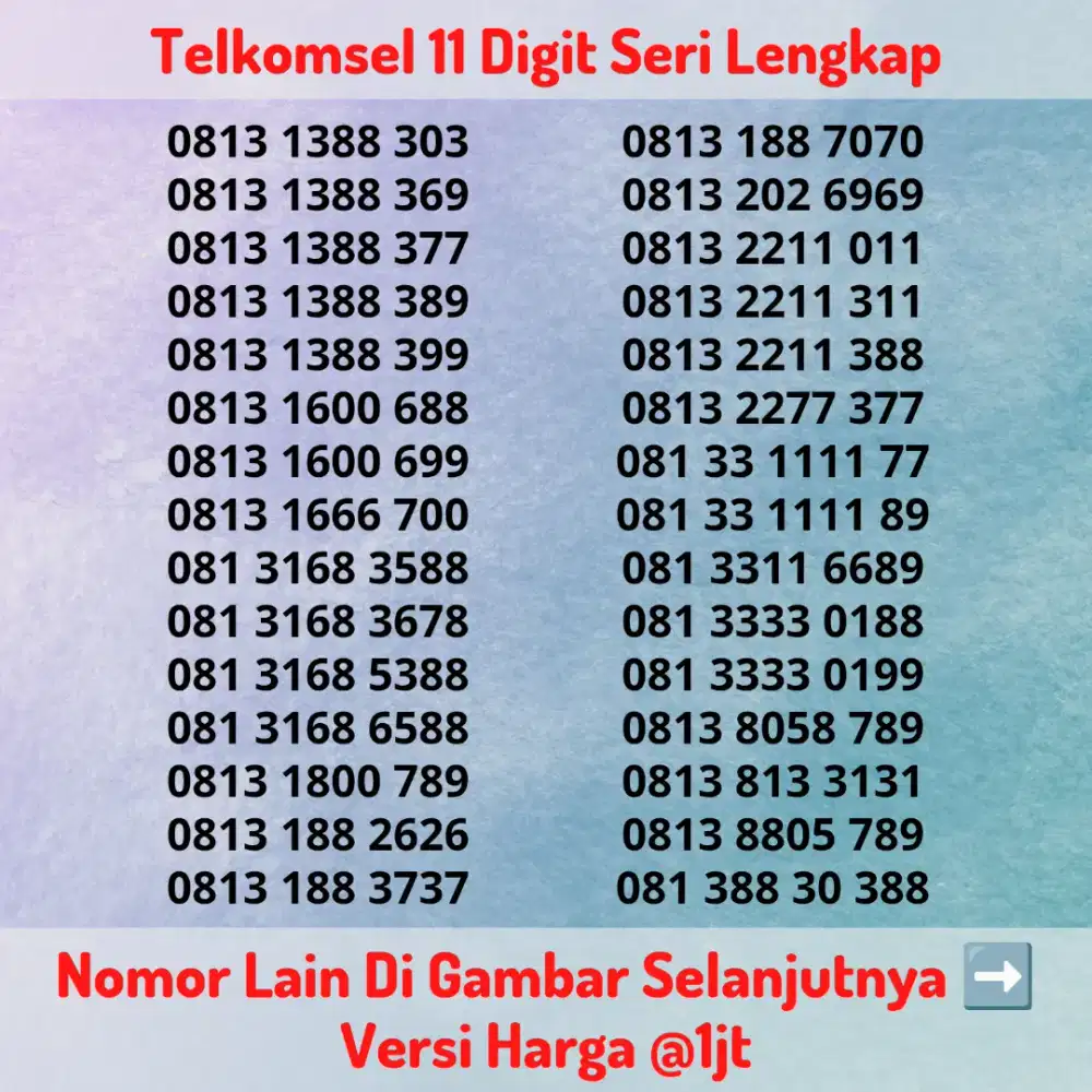 Nomor Cantik Super Kartu Perdana Telkomsel 11 Digit Seri LENGKAP @1jt