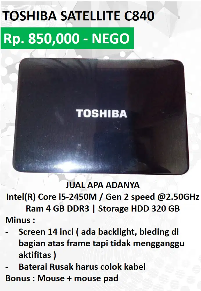 Jual apa adanya Laptop Toshiba Satellite c840 Intel core i5 gen 2
