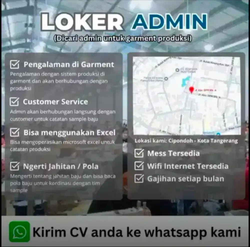 Dicari admin untuk garment - Lokasi Cipondoh