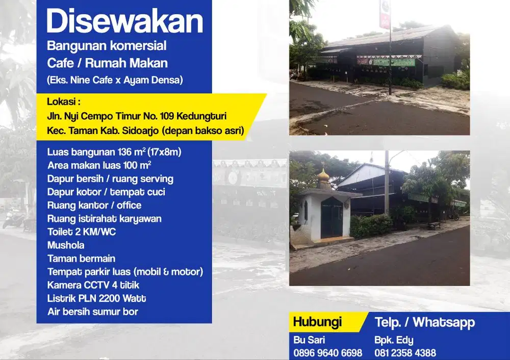 Disewakan Bangunan Komersil Ex. Cafe / Rumah Makan