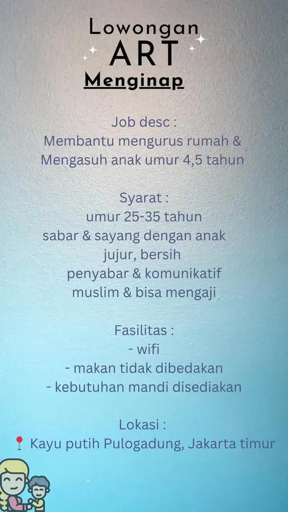 Lowongan ART MENGINAP momong serabutan