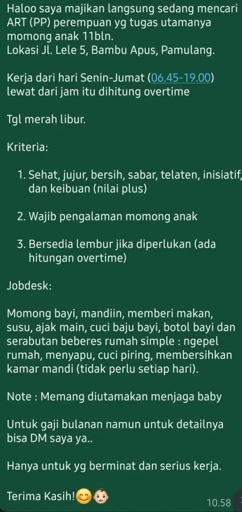 Loker ART Momong Pulang Pergi (PP)