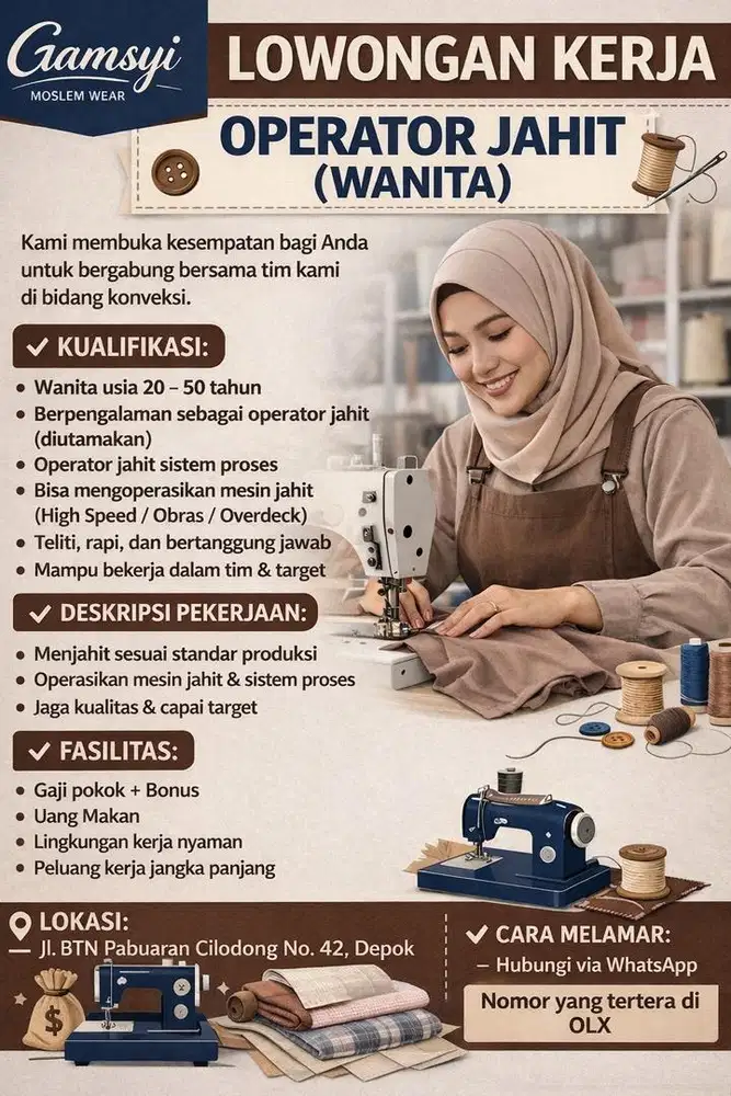 Dibutuhkan penjahit wanita