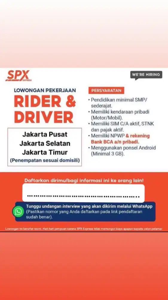 LOWONGAN KERJA SPX EXPRESS AREA JAKARTA KURIR MOTOR DAN KURIR MOBIL