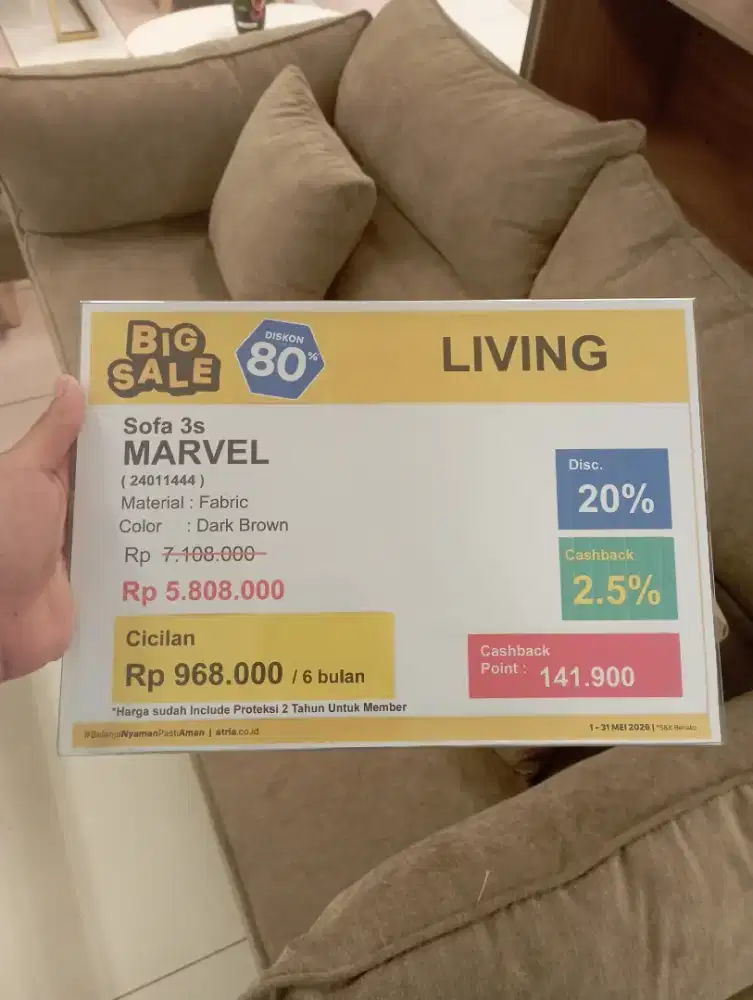 Sofa 3s Marvel Material:Fabric color:Dark Brown Cicilan Tanpa DP