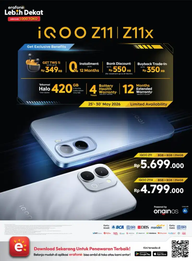 iQOO Z11 & Z11x Resmi Ram 16GB/256GB Promo Erafone Gwalk Bisa Kredivo