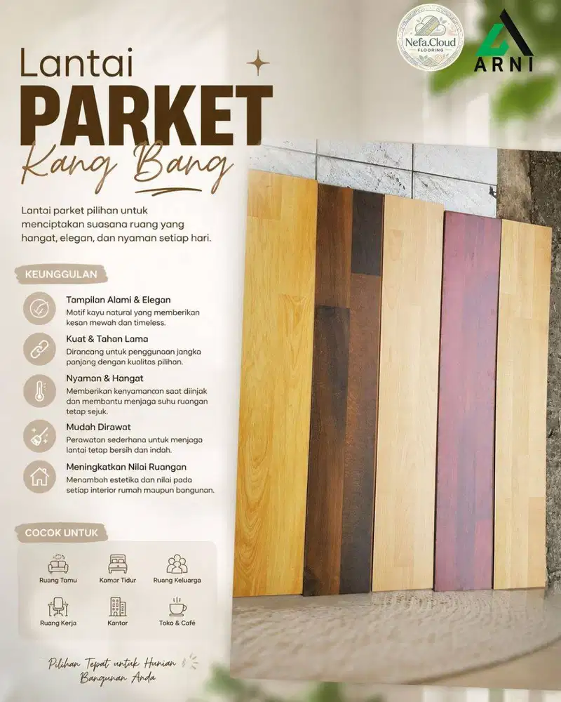 Lantai Kayu Parket Kangbang Tebal 8mm @2,41m2/Box | Kuat & Tahan Lama