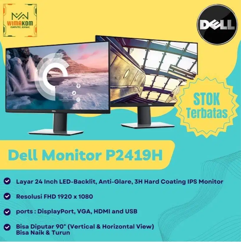 Monitor Dell P2419H HDMI Frameless Dus Layar 24inch N-SW
