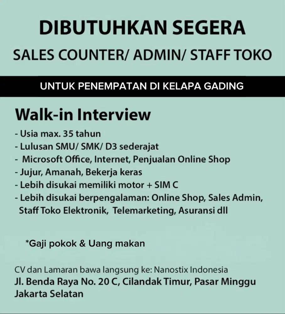 DI BUTUHKAN SEGERA STAFF TOKO