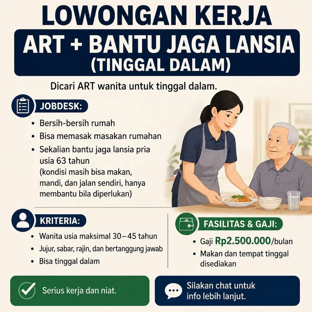 Dibutuhkan segera ART MASAK + JAGA LANSIA