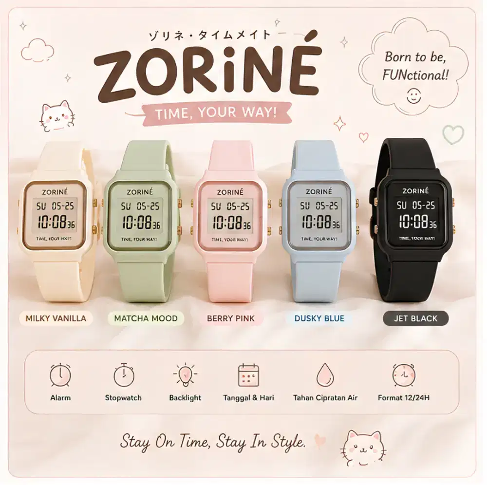 ZORINÉ Jam Tangan Digital Kotak Aesthetic Lucu & Simple