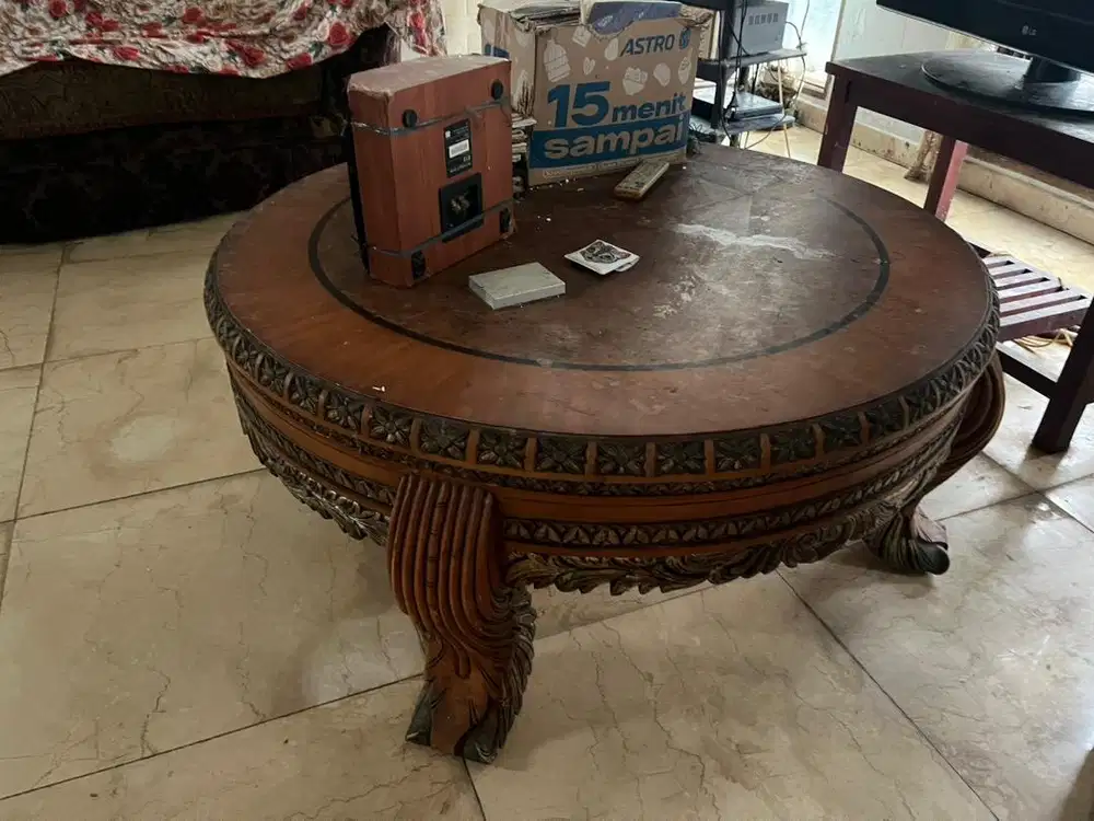 Meja Bulat Antik Ukir Kayu Jati Vintage Jumbo