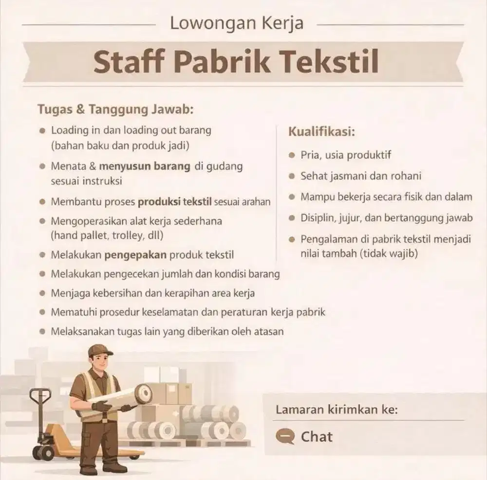Lowongan Staff Pabrik Textile (PRIA)