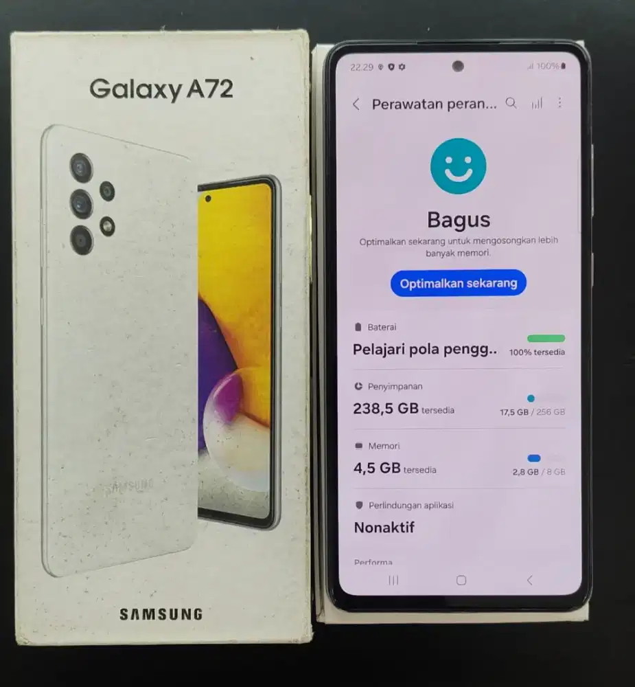 Jual hp Samsung A72 RAM 8/256 kodisi normal semua masih original