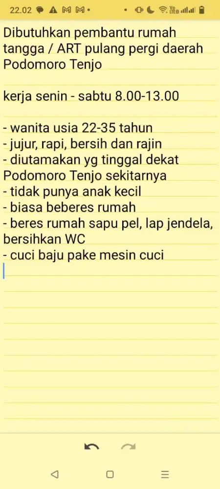 Dibutuhkan pembantu rumah tangga / ART pulang pergi Podomoro Tenjo