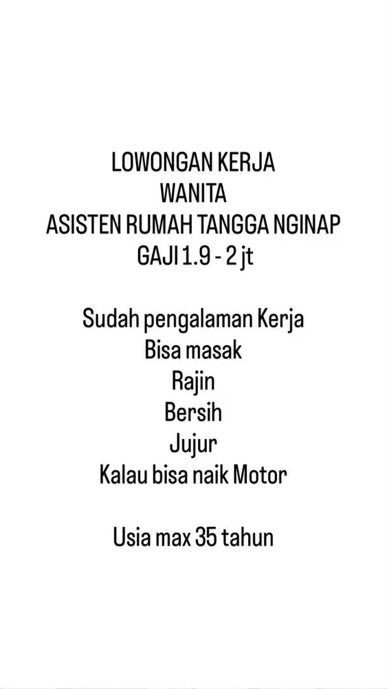 Lowongan kerja Asisten Rumah Tangga Nginap