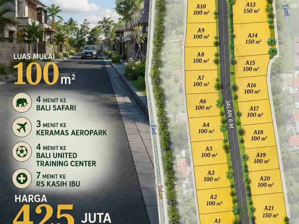 Jual Tanah Zona Kuning & SHM Luas 1are/100m² area Hunian strategis di Gianyar.